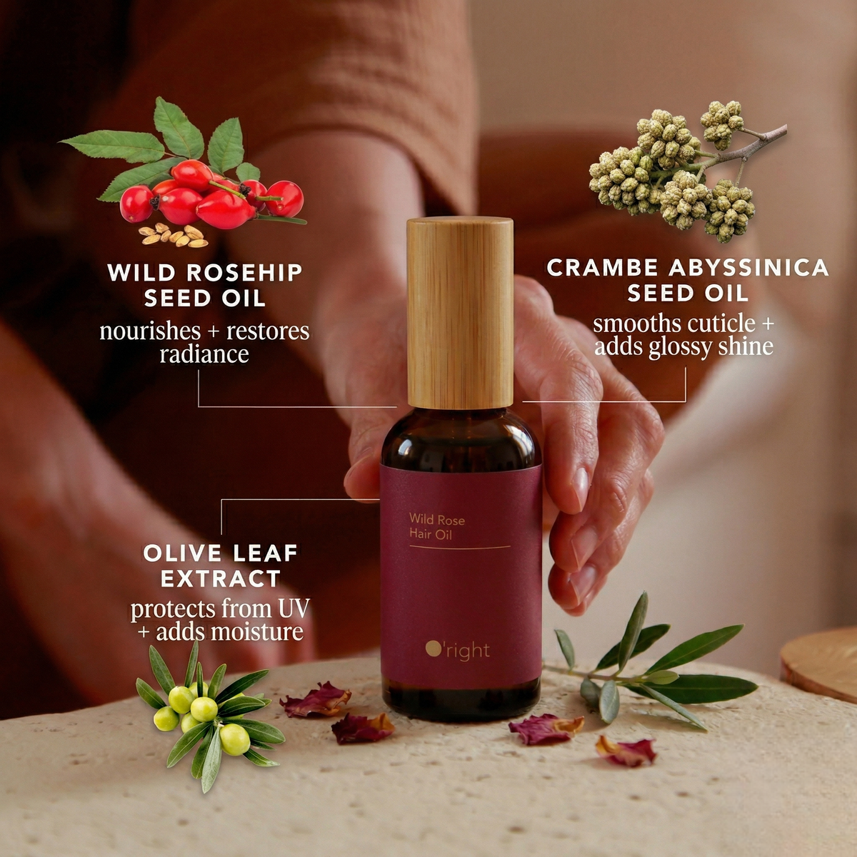 O'right Wild Rose Hair Oil, nourishing hair oil with wild rose