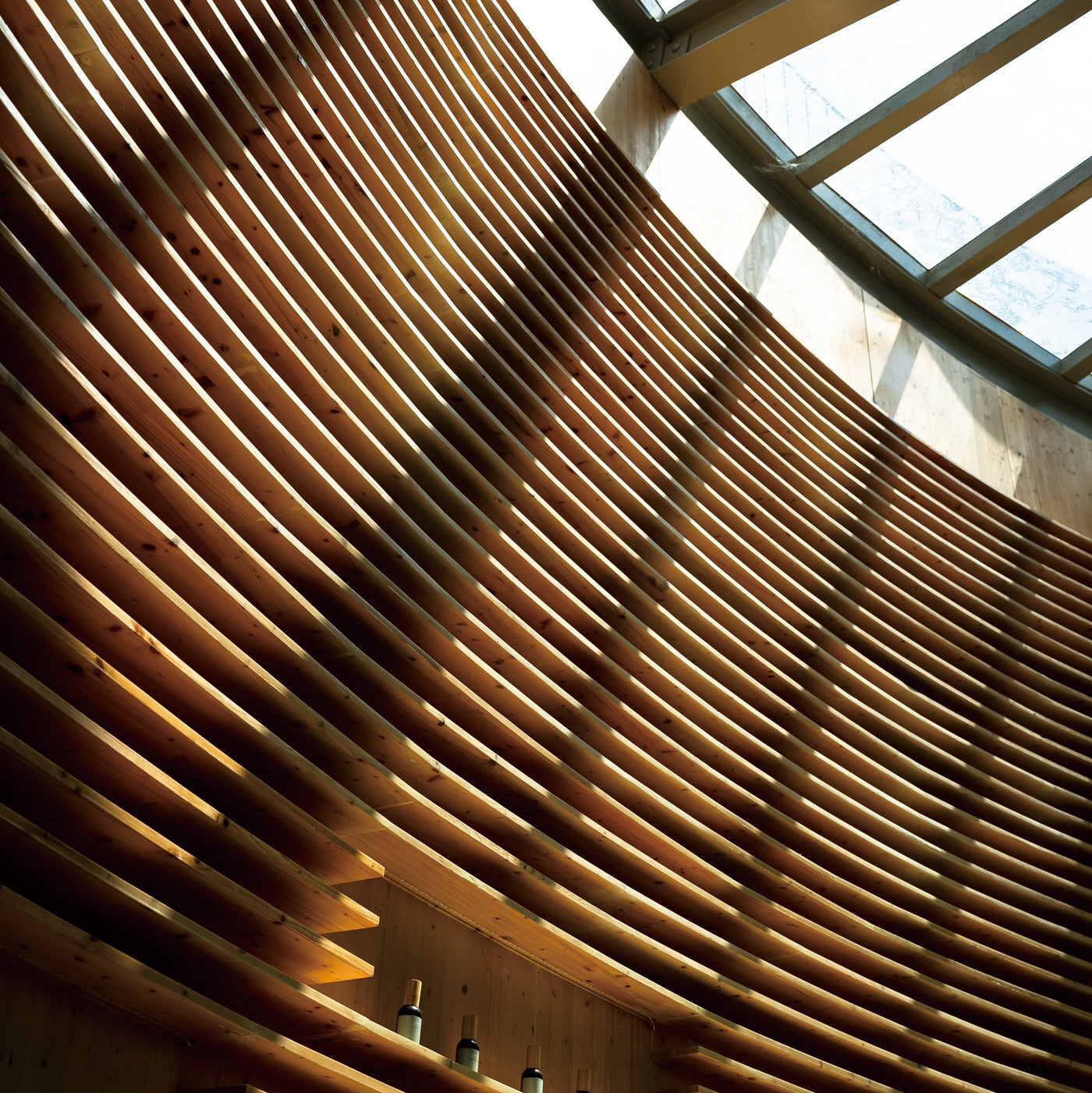 Curved timber canopy inside the O'right Green Headquarters